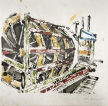 Lucy Hainsworth (British Contemporary); 'Weaving Wheels' monoprint potato cut, framed and mouted,