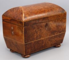 C19th boxwood strung yew sarcophagus shaped tea caddy, with two lidded compartments on turned bun