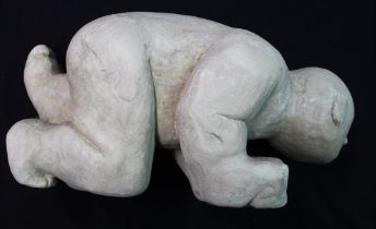 Contemporary C20th Canadian carved alabaster study of a kneeling man with one leg raised and hands