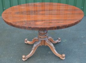 Victorian rosewood circular centre table, tilt top on lotus carved column support and four