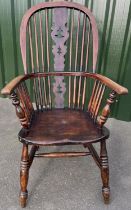 C19th ash and elm high back Windsor chair with fir tree pierced splat and shaped seat on turned