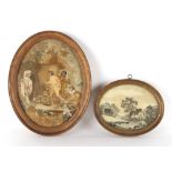 Property of a gentleman - a Regency silkwork oval picture depicting figures in landscape, in gilt