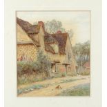 Property of a lady - Helen Allingham R.W.S. (1848-1926) - COUNTRY COTTAGE WITH A WOMAN HOLDING A