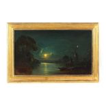 Property of a gentleman - 19th century - MOONLIGHT RIVER SCENE - oil on canvas, 14 by 24ins. (35.5