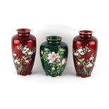 Property of a gentleman - a pair of Japanese red ginbari cloisonne vases, early 20th century, each