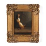 Property of a lady - English school, 19th century - GAME LARDER WITH HARE - oil on panel, 7.6 by 5.