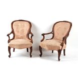 Property of a lady - a pair of Victorian carved rosewood & pink upholstered armchairs, with cabriole
