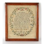Property of a gentleman - a George III verse sampler, by Rosetta Levy, 1801, in maple frame, 15.8 by