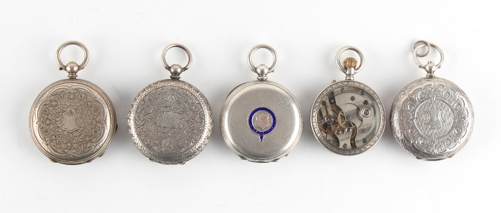 The Henry & Tricia Byrom Collection - a group of five fob watches, three with floral decorated - Image 2 of 2