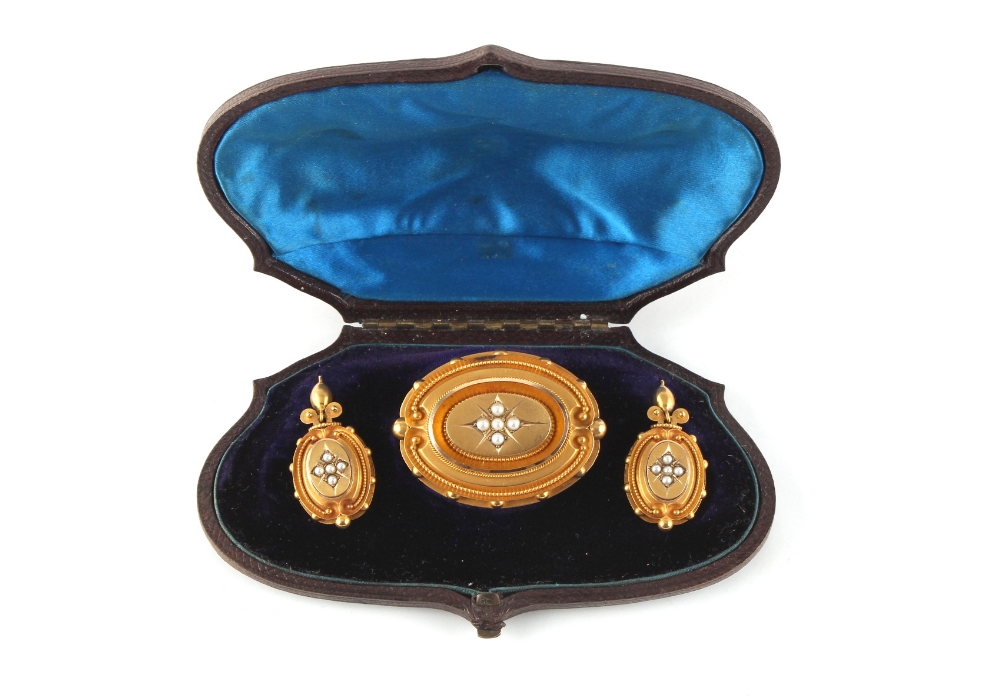 Property of a lady - a Victorian unmarked 15ct gold (tested) seed pearl brooch & matching earrings