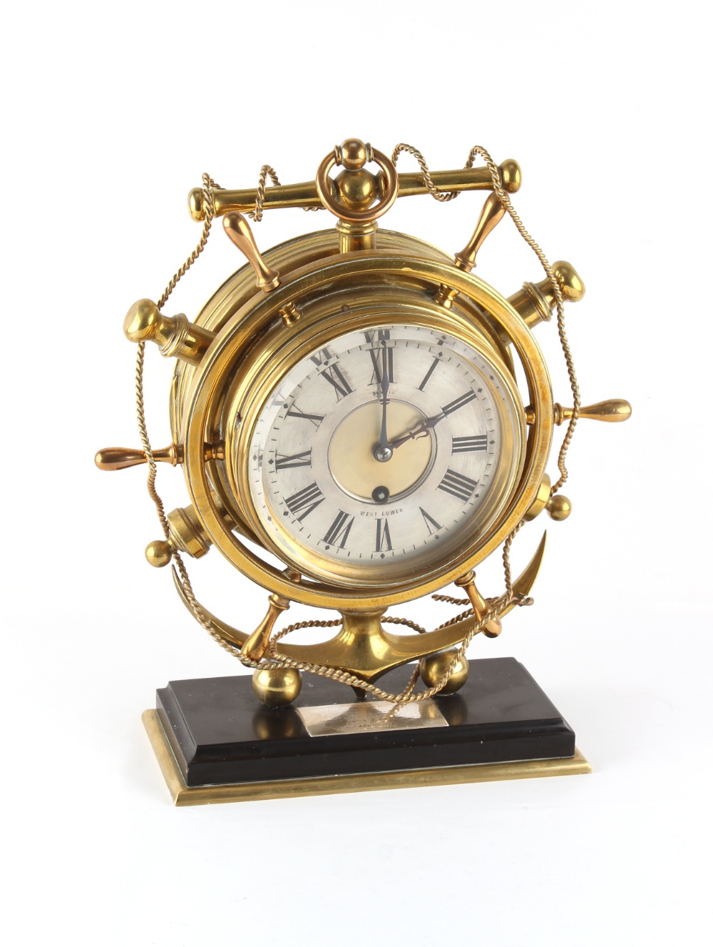 Property of a deceased estate - a late 19th century brass ship's wheel mantel clock timepiece, the