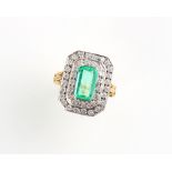 An Art Deco style 18ct yellow gold emerald & diamond ring, the octagonal cut certificated