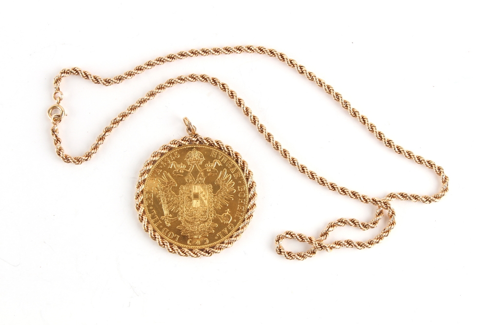 Property of a lady - a 1915 Austrian 4 ducats gold coin mounted in a 14ct gold rope-twist pendant