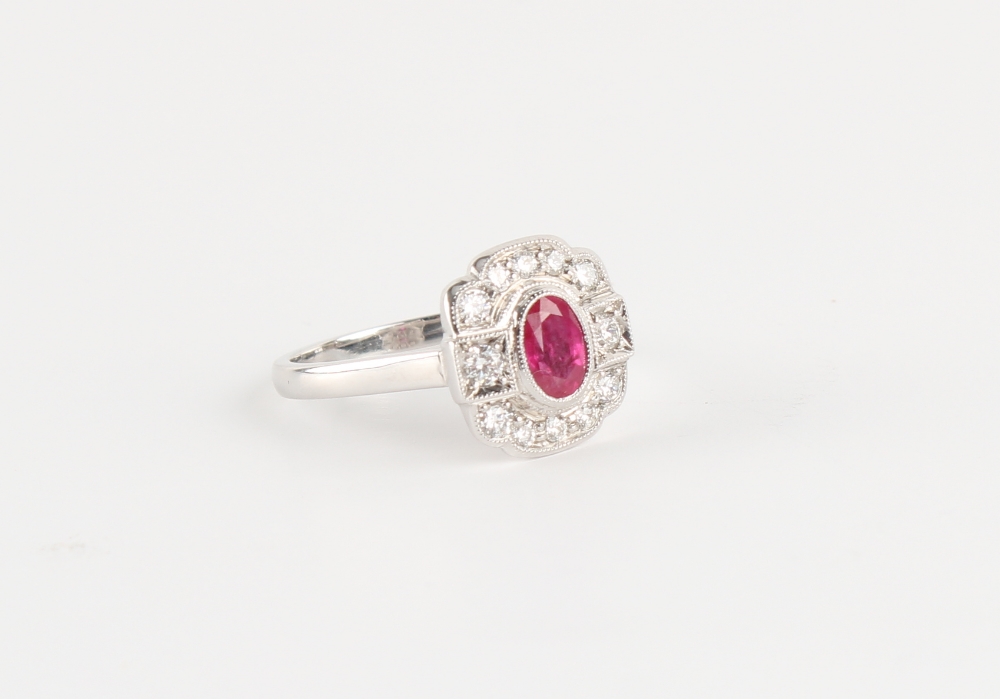 An Art Deco style platinum ruby & diamond ring, the oval cushion cut ruby weighing approximately 0. - Image 2 of 2