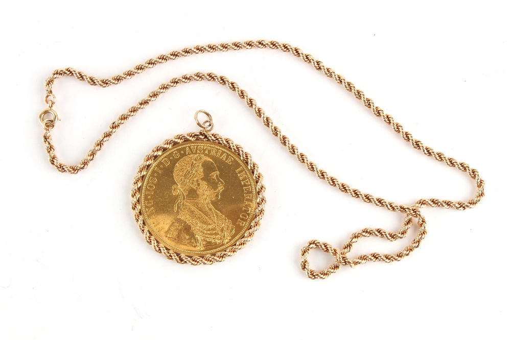 Property of a lady - a 1915 Austrian 4 ducats gold coin mounted in a 14ct gold rope-twist pendant - Image 2 of 2