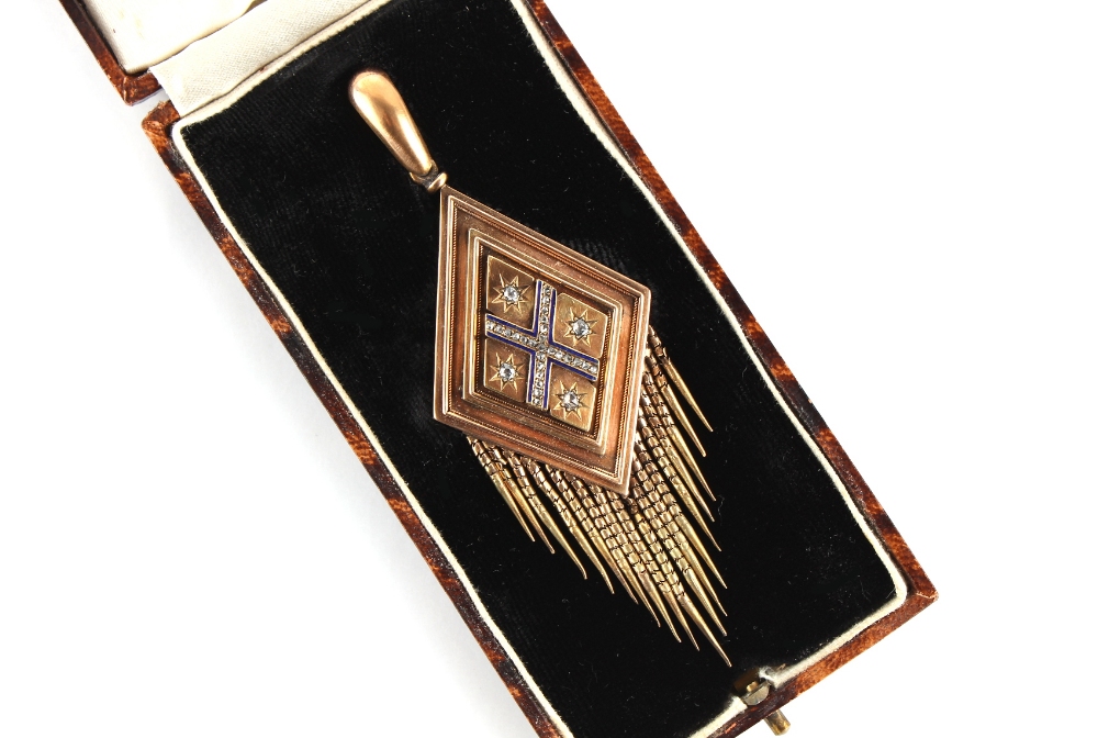 A large Victorian Etruscan Revival unmarked gold (tests 15ct) diamond & blue enamel fringed pendant, - Image 3 of 4