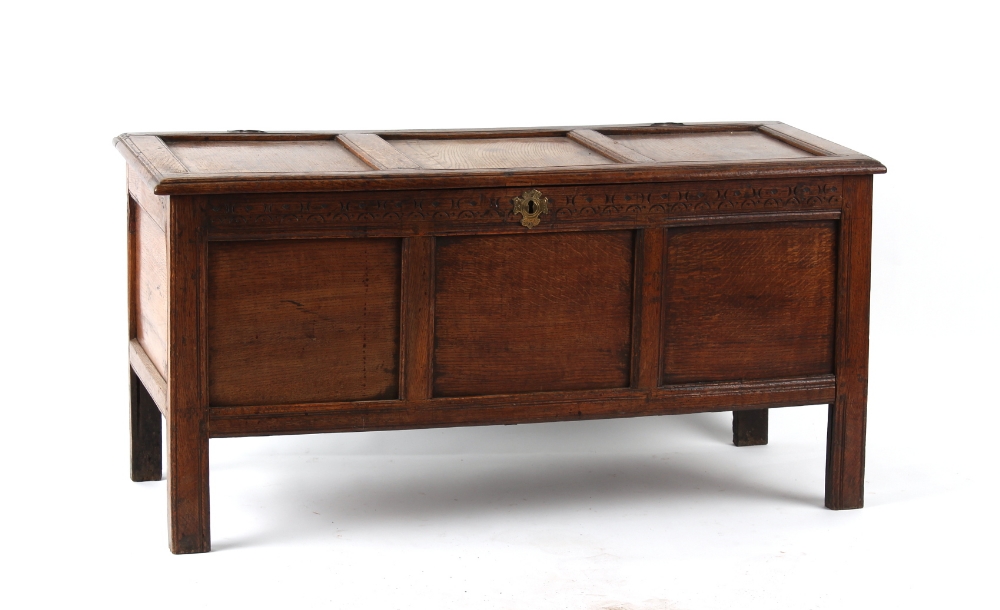 Property of a deceased estate - a late 17th / early 18th century oak coffer with three panel