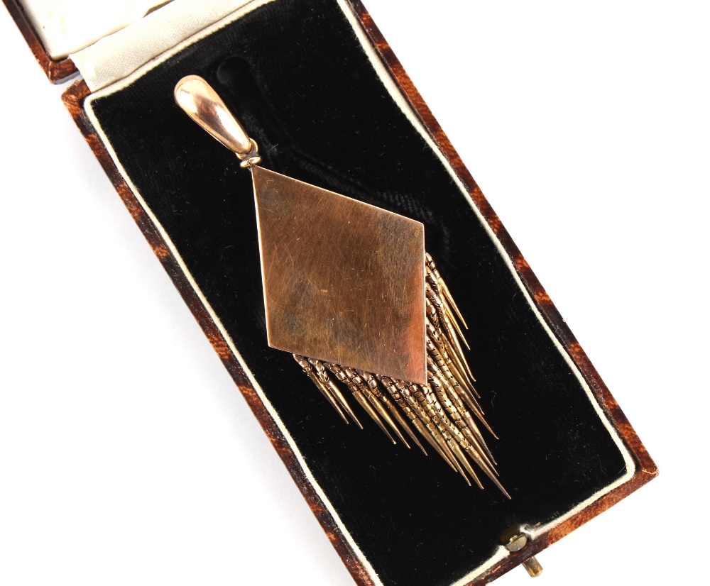 A large Victorian Etruscan Revival unmarked gold (tests 15ct) diamond & blue enamel fringed pendant, - Image 4 of 4