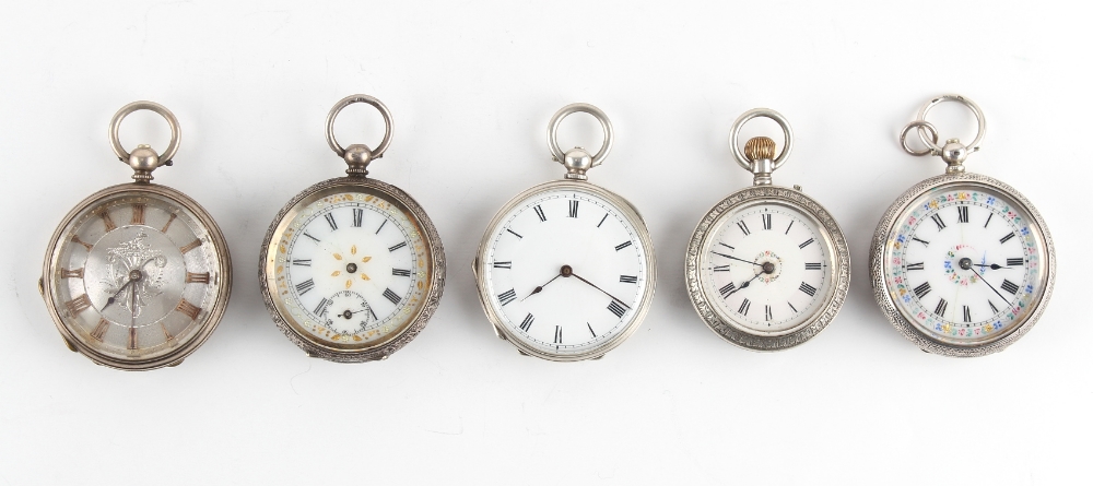 The Henry & Tricia Byrom Collection - a group of five fob watches, three with floral decorated