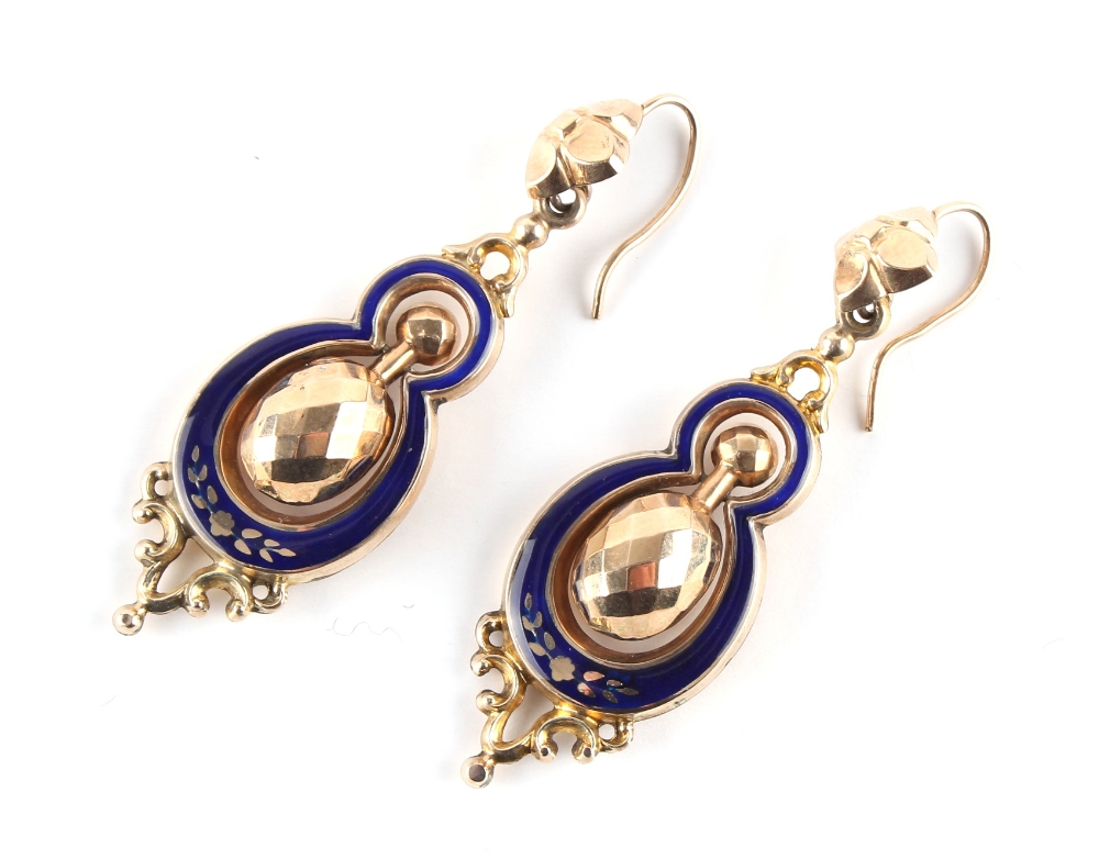 A pair of Victorian unmarked gold & blue enamel pendant earrings, each approximately 57mm long (2). - Image 2 of 3