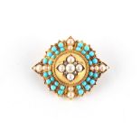 Property of a lady - a Victorian turquoise seed pearl & diamond brooch, 40mm wide, boxed.