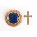 Property of a lady - an 18ct gold mounted lapis lazuli circular brooch with suspension ring to be