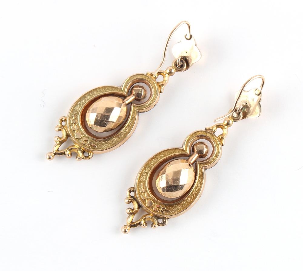 A pair of Victorian unmarked gold & blue enamel pendant earrings, each approximately 57mm long (2). - Image 3 of 3