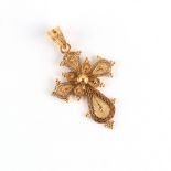 A 19th century unmarked gold filigree cross pendant (tests 18ct plus), 46mm long including