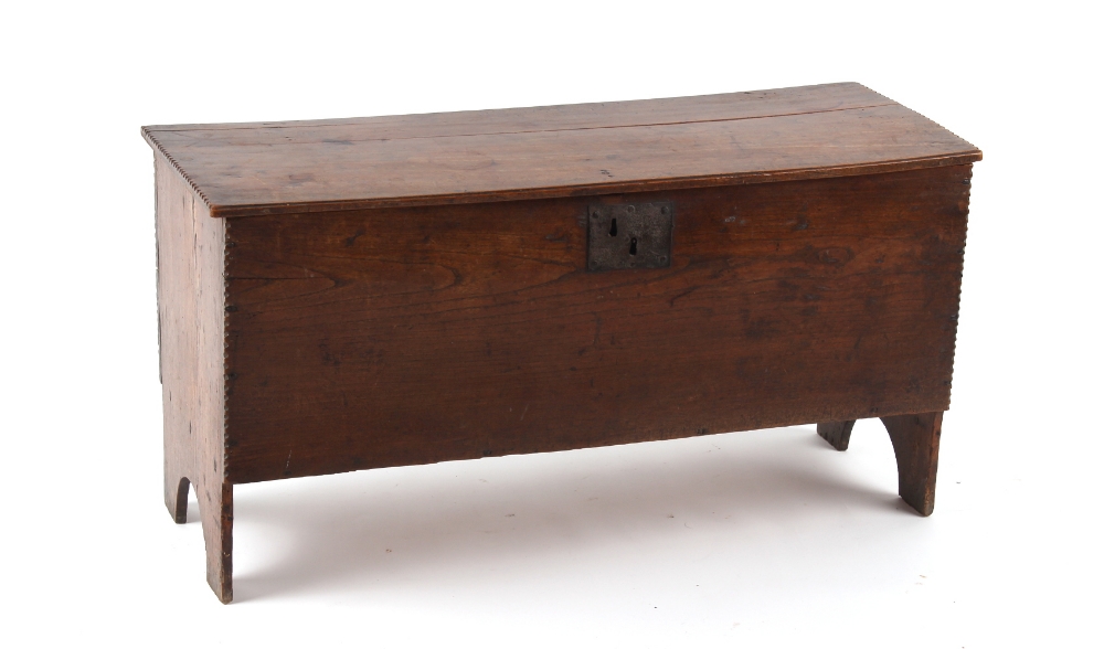 Property of a deceased estate - a 17th century elm six plank coffer, with thumbnail mouldings, 38.