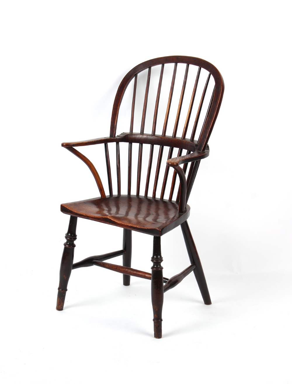 Property of a gentleman - a George III elm seated ash stick-back Windsor elbow chair, circa 1800,