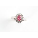 An 18ct white gold ruby & diamond oval cluster ring, the oval cushion cut ruby weighing