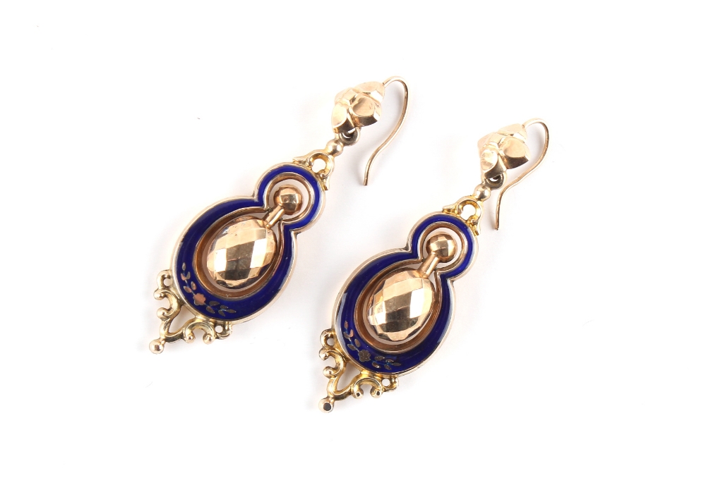 A pair of Victorian unmarked gold & blue enamel pendant earrings, each approximately 57mm long (2).