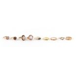 Property of a lady - a group of eight 9ct gold and one 18ct gold dress rings, including five diamond