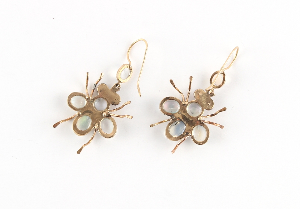 A pair of multi gem set insect earrings, set with cabochon moonstones, garnets & green stones, - Image 2 of 2