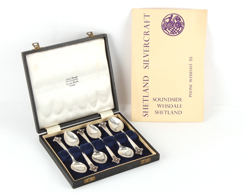 Property of a deceased estate - a cased set of six silver teaspoons by Shetland Silvercraft,