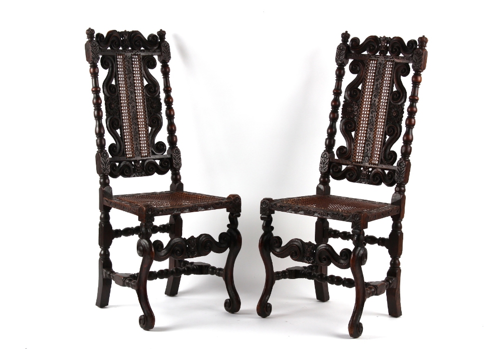 Property of a deceased estate - a pair of Charles II period carved walnut high-back chairs, circa