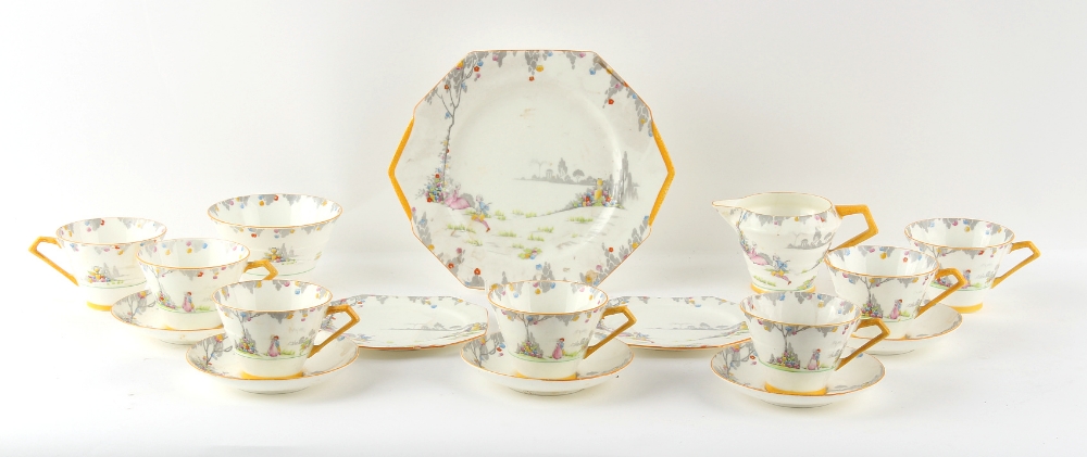 Property of a deceased estate - a Royal Paragon part tea set, decorated with figures in gardens, red