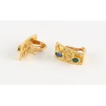 A pair of Etruscan style 18ct yellow gold emerald sapphire & diamond earrings, with clip fastenings,