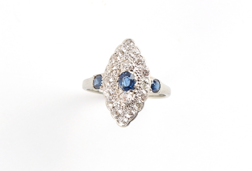 An 18ct white gold & platinum sapphire & diamond marquise shaped cluster ring, set with a further - Image 2 of 2