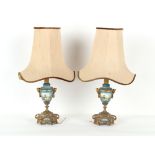 Property of a deceased estate - a pair of French gilt metal mounted porcelain table lamps, with