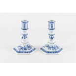 Property of a lady - a pair of Meissen blue & white hexagonal baluster candlesticks, underglaze blue