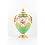 Property of a lady - an Edwardian Royal Crown Derby porcelain two-handled vase & cover, painted with