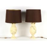 Property of a deceased estate - a pair of Italian carved pale yellow alabaster table lamps