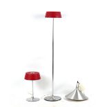 A Danish Danalight standard lamp, with red shade; together with a matching table lamp; and a ceiling