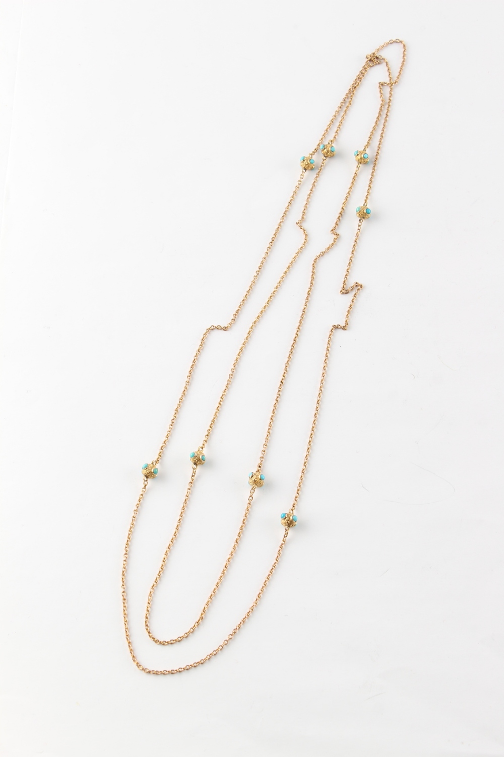 A late Victorian unmarked yellow gold (tests 15ct) & turquoise chain necklace, approximately 15.1 - Image 2 of 2