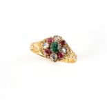A mid 19th century 12ct gold emerald ruby & sapphire ring, with engraved shank, size P.