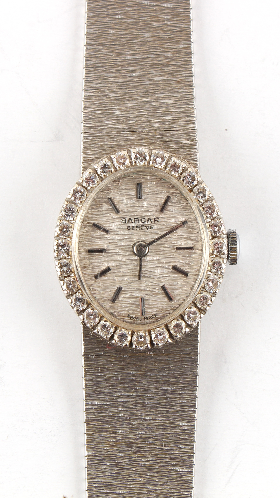 Property of a lady - a lady's Swiss Sarcar 18ct white gold oval cased wristwatch with diamond bezel, - Image 2 of 2