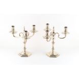 Property of a deceased estate - a pair of silver three light candelabra, of hexagonal form,