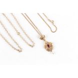 Property of a deceased estate - a 9ct gold garnet & pearl pendant on chain necklace, approximately