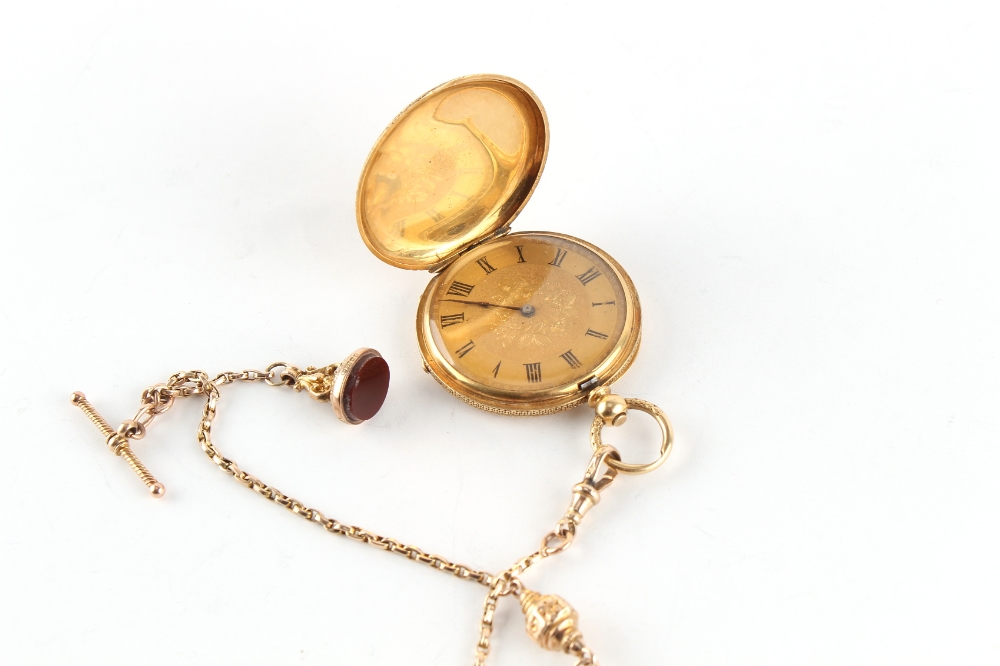 Property of a lady - a late 19th century 18ct gold full hunter cased fob watch, the dust cover